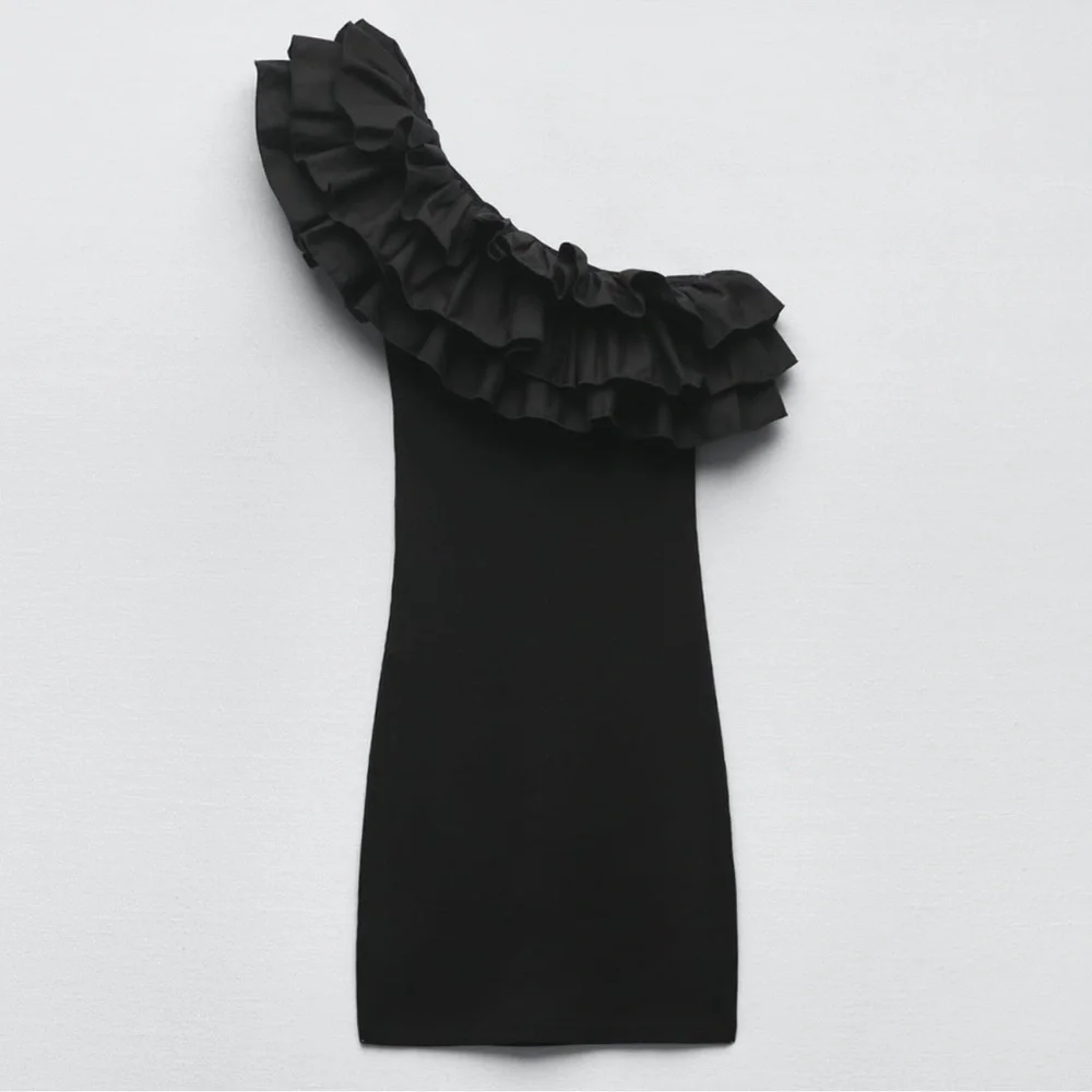 NWT Zara Black One-Shoulder Ruffle Dress! Size Small! - Picture 6 of 8